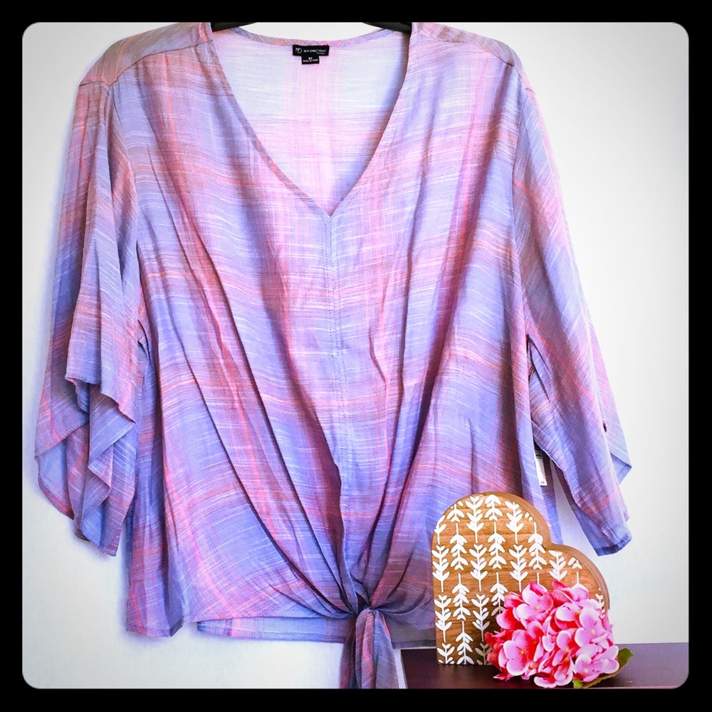 New Direction Plus Size Tie Front Plaid Top 2X